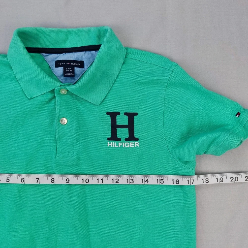 Tommy Hilfiger Polo Shirt Boys L 14/16 Green‎ H Logo Short Sleeve Pique Patch 8